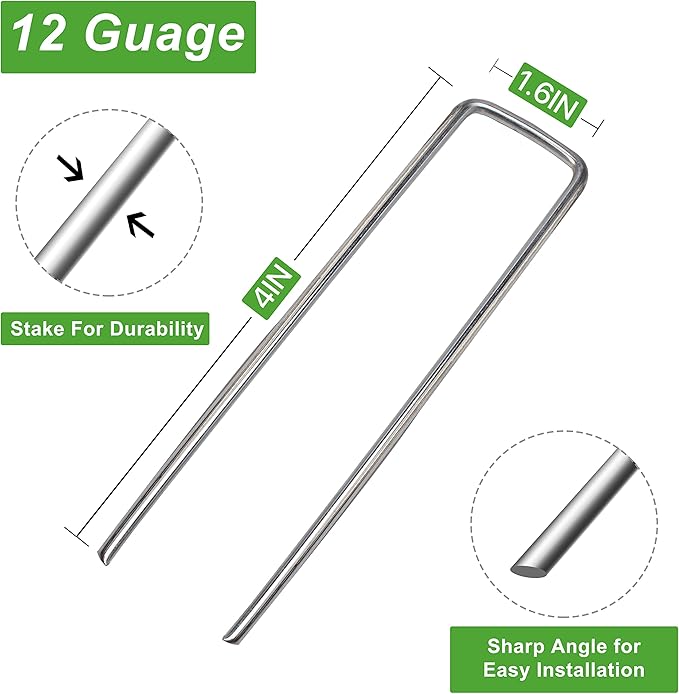 Landscape Staples 4 Inch 100pcs 11 Gauge Garden Stakes, Heavy Duty Galvanized Garden Staple for Fences, Lawns, Weed Barriers, and Landscape Fabrics, Netting, Irrigation Hose, Floor Mats