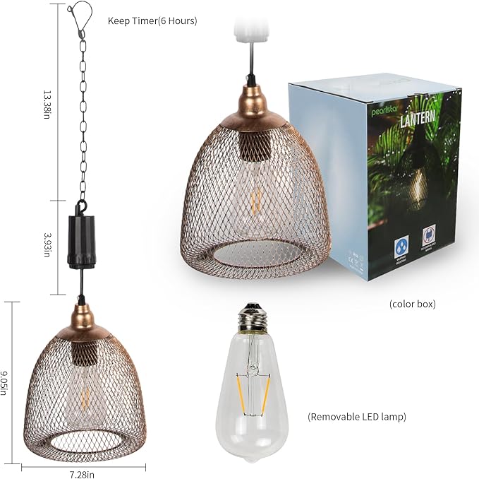 Battery Operated Hanging Light with 6 Hours Timer-Outdoor Indoor Pendant Chandelier Waterproof Lamp Lantern for Gazebo Porch Garden Patio Decorative Metal Warm White Bulb(Brown)