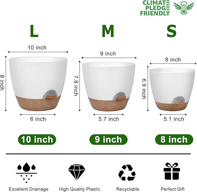 Plant Pots 10/9/8 Inch Self Watering Pots, Set of 3 Plastic Planters with Drainage Holes and Saucers,Plastic Flower Pots,Nursery Planting Pot for Indoor Out Door Plants(White)