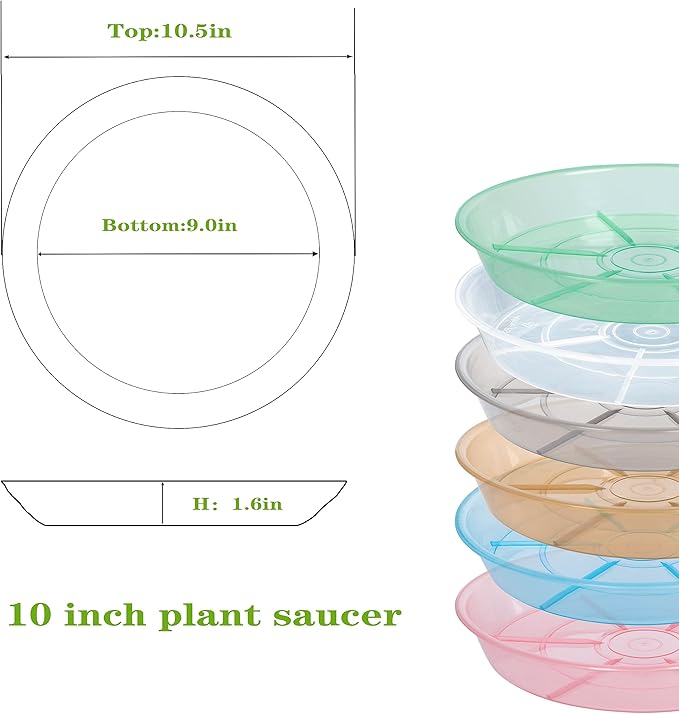 6 Pack Plant Saucer Drip Tray 9 10 inch, Plant Dishes Saucer, Heavy Sturdy Plastic Planter Flower Pot Saucers for Indoor Outdoor Garden, Plant Water Drip Trays for pots (10", Grey)