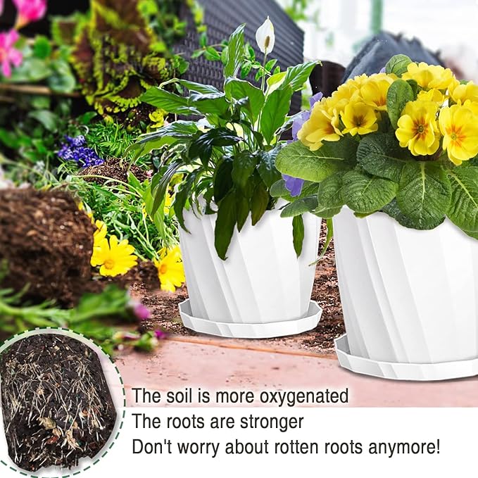 8 Inch Plant Pots with Drainage Holes and Saucers - Flower Pots for Indoor Plants - White Plastic Planters for Outdoor Plants - House Planting Pots Set