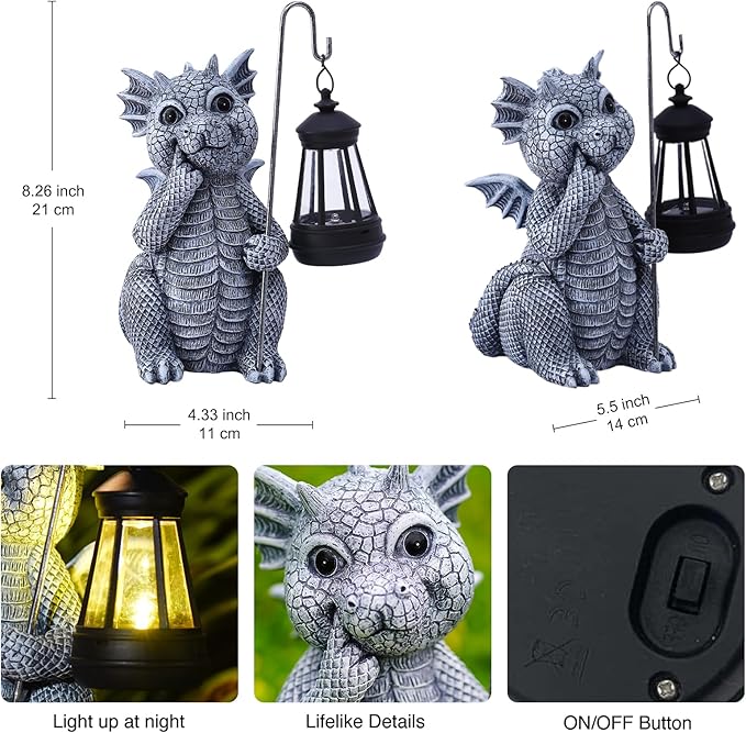 Goodeco Dragon Garden Statue Outdoor with Solar Lantern - Resin Dragon Decor for Garden, Patio, and Yard - 8.3 inches Dragon Gifts & Decorations (Dragon)