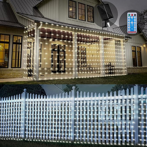 32.8 * 6.56FT Large Size Solar Curtain Lights Outdoor, 8 Modes Icicle Lights, Solar Garden Christmas Decortions for Patio, Gazebo, Eaves, Fence, Tree, Porch (White)