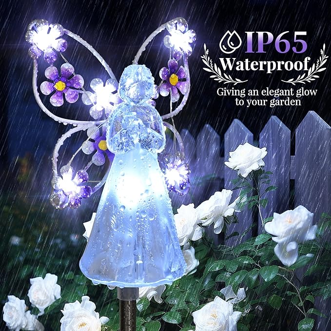 GIGALUMI Solar Angel Garden Stake Lights - 4 Pack Angel Solar Lights Outdoor Garden, Eternal Light Angel with 7 LEDs for Cemetery Grave Decorations, Memorial Gift, Christmas Yard Art, Sympathy Gift
