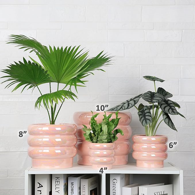 5.7 Inch +4.1 inch 2 pcs Ceramic Plant Pots for Indoor Plants, Rainbow Pearl Glaze Planter with Planters for Plants with Drainage Hole, Orchid Pots, Succulent Pot, Flower Pot (Pink)