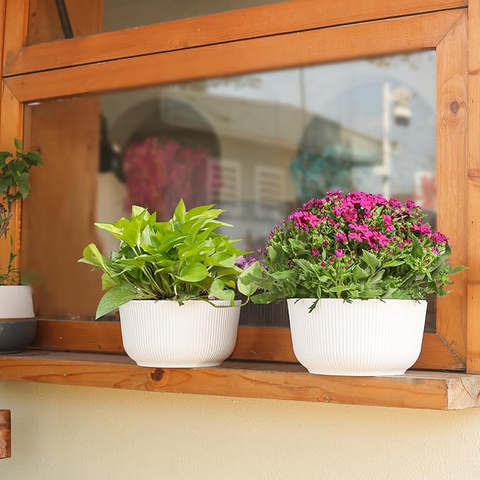 T4U 12 Inch Large Self Watering Plant Pots, Wide Self Watering Planter with Drainage Hole, Large Plant Pots Flower Pot for Plants, Set of 2, White