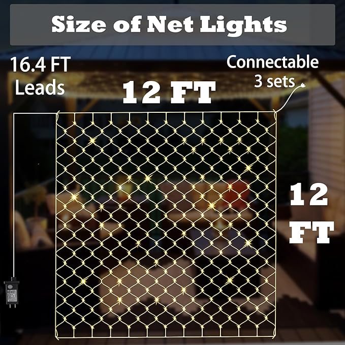 Eueasy LED Net Lights, 360 LED 12x12FT with Timer & 8 Lighting Modes, Outdoor Net Lights for Gazebo, Bush, Wedding, Holiday