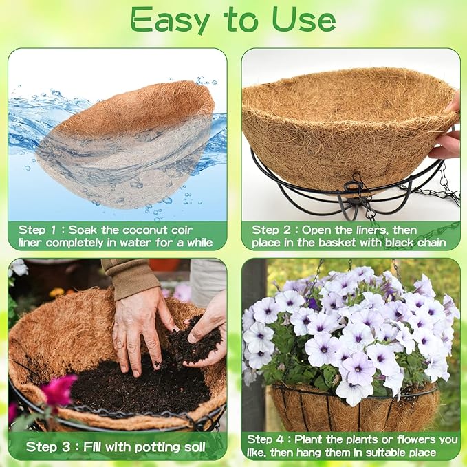 ZeeDix 6 Pack 10 Inch Metal Round Hanging Planter Basket with Coconut Liners Replacement, Hanging planters Baskets with Natural Coco Liner for Outdoor Indoor Planters Flowers Vegetables