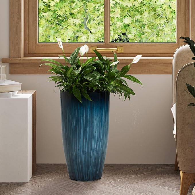 Worth Garden 23.5" H. Large Plastic Planters - Set of 2 Gradient Blue Glossy Smooth Finish - Tall Plant Pots for Indoor & Outdoor Use - Decorative Lightweight Flower Pots for Front Porch, Patio, Deck