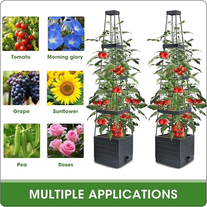MQFORU 2 Packs Raised Garden Bed Tomato Planter with Trellis, 57" Tomato Cages for Climbing Vegetables Plant, Self Watering Planters Box for Garden Pots for Patio Greenhouse Indoor Outdoor(2PCS)