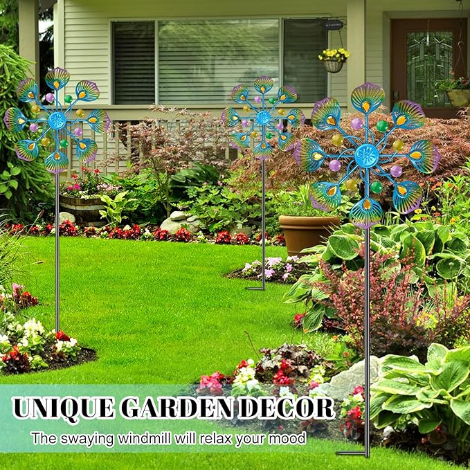 Peacock Wind Spinner Outdoor, Standing Wind Sculpture Yard Art Decorations, Metal Windmill for Patio Lawn & Garden Decor (1pcs-Blue Green)
