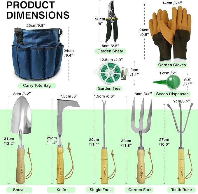 Garden Tools Set β Premium Stainless Steel Gardening Hand Tools with Solid Beechwood Handle β Gardening Kit with Rake, Shovel, Gloves, Shears, Tool Organizer β Garden Gifts for Women and Men