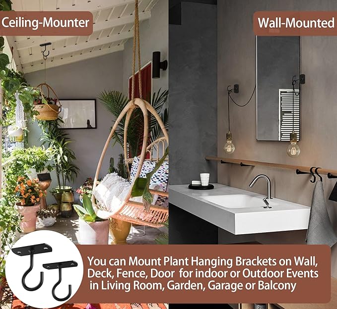 Ceiling Hooks for Hanging Plants,2Pack 4in for Plants,Lights,Planters,Lanterns,Hanging Bird Feeders,Wind Chimes,Indoor&Outdoor Decoration Black