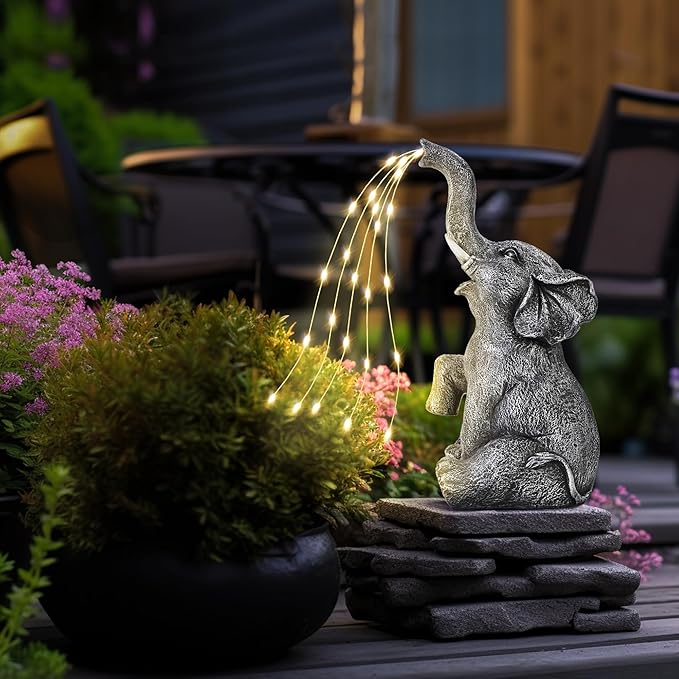 GIGALUMI Solar Garden Decor Watering Elephant Statues Outdoor, Birthday Gifts for Women Mom Grandma Senior Elder, Elephant Ornament for Balcony, Garden, Patio, Yard, Lawn (Constant Lights Only)