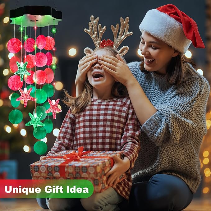 Solar Wind Chimes for Outside, Red & Green Shell Gifts for Mom Grandma Women, Waterproof Solar Outdoor Decorative Mobile Lights for Garden, Yard, Patio, Window, Party, Outdoor Decorations