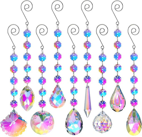HDCRYSTALGIFTS 9 Pack Iridescent Sun Catchers with Crystals,Rainbow Maker Crystal Suncatchers for Window Hanging Colored Glass Wind Chimes Prism Pendant Suncatcher Beads for Decoration