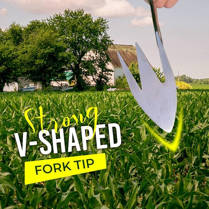 Amposei Stainless Steel Multifunctional Weeder, Hand Weeder Tool Stand Up Weed Puller Tool with Long Handle, V-Shaped Light Duty Hand Weeder for Lawn Garden Yard Farmland Weed Removal (Wood Handle)