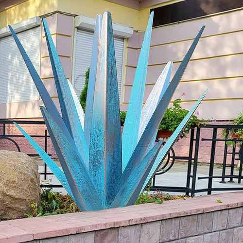Enlarge Metal Plants Tequila Rustic Sculpture, Outdoor Patio Yard, Home Decor Hand Painted Agave Garden Statue, Outdoor Lawn Ornaments Yard Stakes for Mom Gift (1 Big Blue)