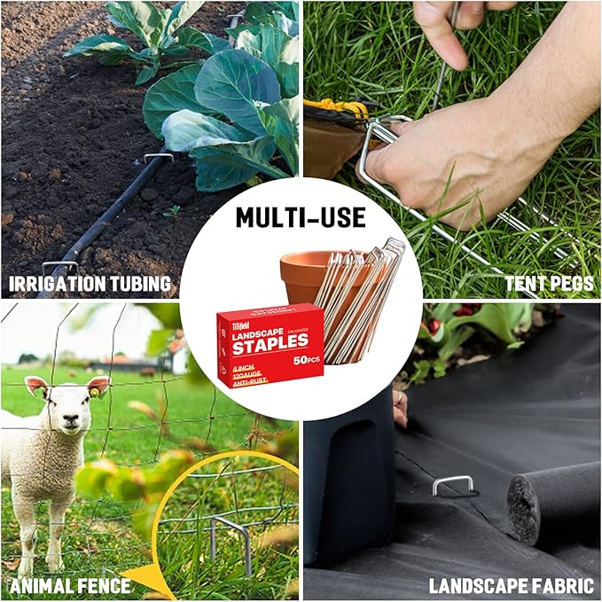 Landscape Staples 4 Inch 50 Pack 12 Gauge, Garden Staples Galvanized Ground Stakes Anti-Rust Landscape Fabric Staples Garden Stakes for Irrigation Tubing, Fence, Weed Barrier, Ground Cover