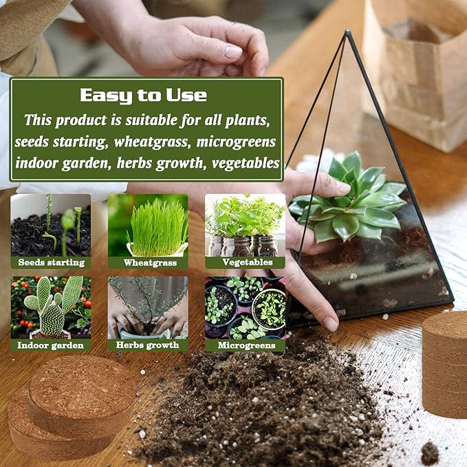ZeeDix 50pcs(30mm) Compressed Coco Coir Fiber Potting Soil- Coir Medium, Coconut Soil for Indoors or Outdoors, Bonsai, Herbs, Plants, Flowers and Vegetables