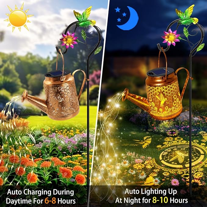 Solar Watering Can Lights, Hummingbird Hanging Lanterns Outdoor, Gardening Gifts for Mom Women Grandma Birthday, Waterproof Solar Lights Garden Decor for Outside Yard Art Patio Porch Lawn Backyard