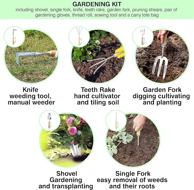Garden Tools Set β Premium Stainless Steel Gardening Hand Tools with Solid Beechwood Handle β Gardening Kit with Rake, Shovel, Gloves, Shears, Tool Organizer β Garden Gifts for Women and Men