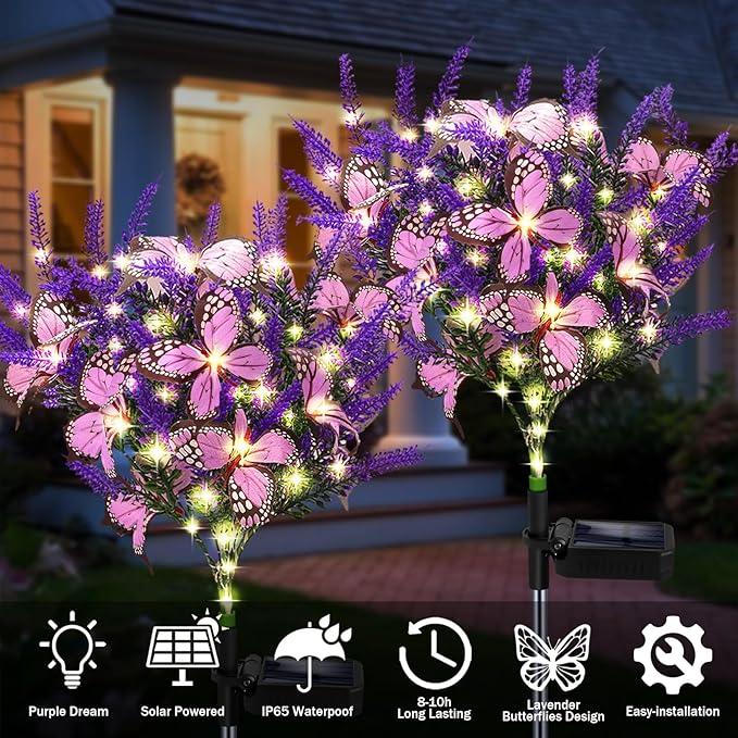 Solar Garden Lights Outdoor, 2 Pack Purple Lavender Solar Butterfly Lights Gardening Gifts for Women, Purple Solar Artificial Flower with Butterfly Purple Garden Decor for Lawn Patio-Warm White