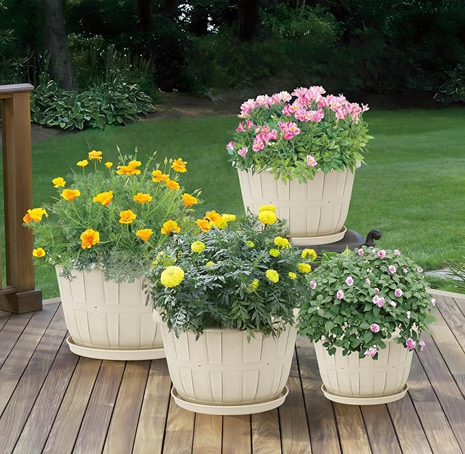 Quarut 12 Inch Large Planter Pot for Plants Indoor Outdoor, 4 Pack Plastic Flower Pots with Drainage Hole & Tray, Modern Decorative Garden Pot with Saucer, Plant Container for House(Beige)