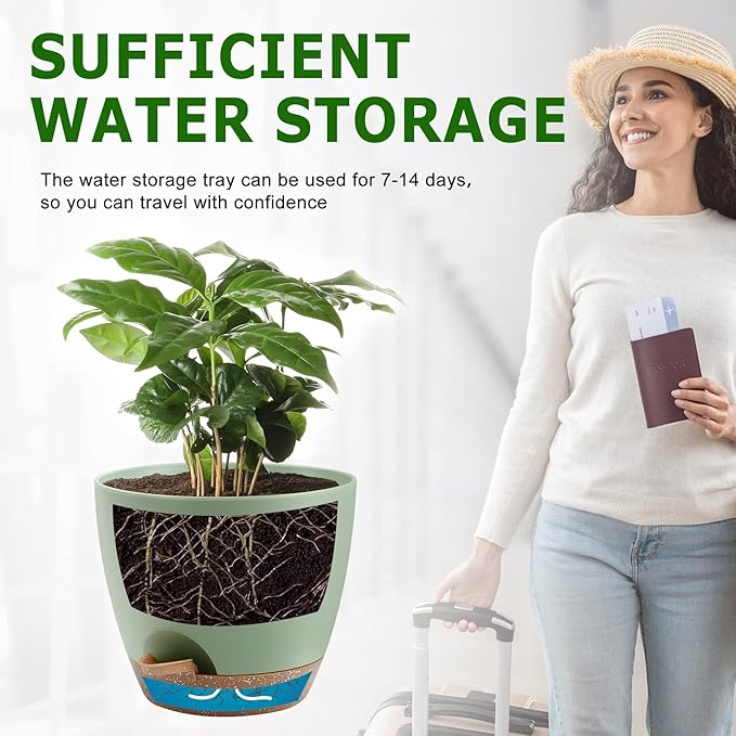Plant Pots 10/9/8 Inch Self Watering Pots, Set of 3 Plastic Planters with Drainage Holes and Saucers,Plastic Flower Pots,Nursery Planting Pot for Indoor Out Door Plants(Green)
