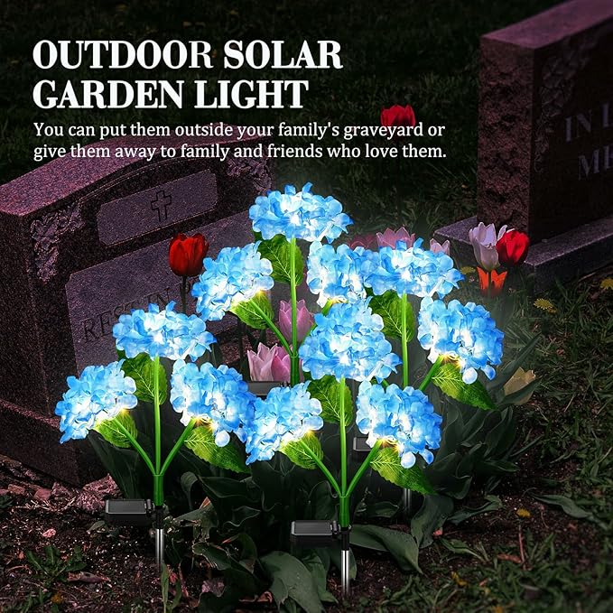 Treela 4 Pack Solar Lights Flowers Outdoor Waterproof Hydrangea Garden Stake Lights Realistic LED Flowers Powered Decorative Ground Solar Flower for Lawn Yard Backyard Decoration Gift(Blue)