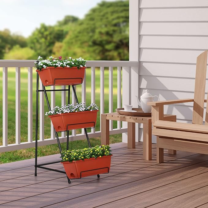 Vertical Raised Garden Bed Outdoor 3 Tiered Garden Planters Standing Elevated Planter Box with Drainage Holes for Plants Herbs Flowers Vegetables Brick Red