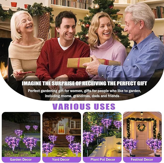 Solar Garden Lights Outdoor, 2 Pack Purple Lavender Solar Butterfly Lights Gardening Gifts for Women, Solar Artificial Flower with Butterfly Purple Garden Decor for Lawn Patio