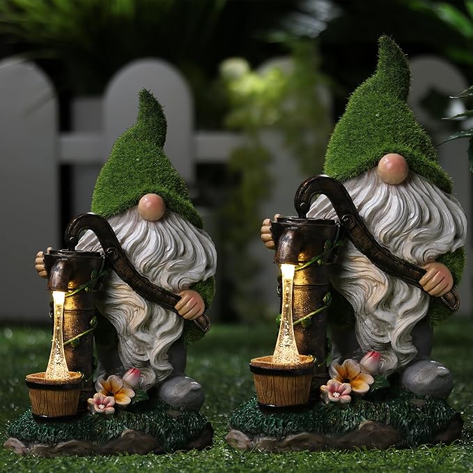 TERESA'S COLLECTIONS Resin Garden Gnomes Decor with Solar Lights, Green Outdoor Decorations for Porch Patio, Gifts for Women and Men,Outdoor Garden Decor Ornaments for Outside, 10"