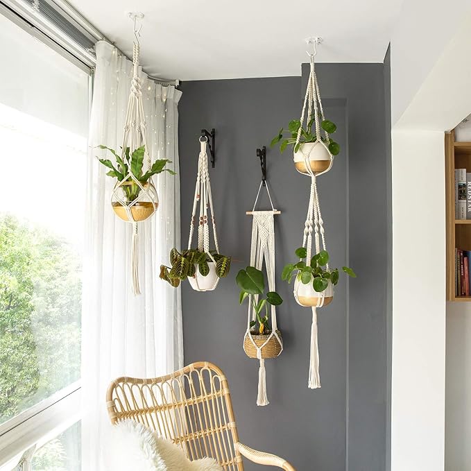 Mkono Macrame Plant Hangers Set of 4 Indoor Hanging Planter Basket Wall Decorative Flower Pot Holder with 4 Hooks for Indoor Outdoor Home Decor Gift Box, Ivory