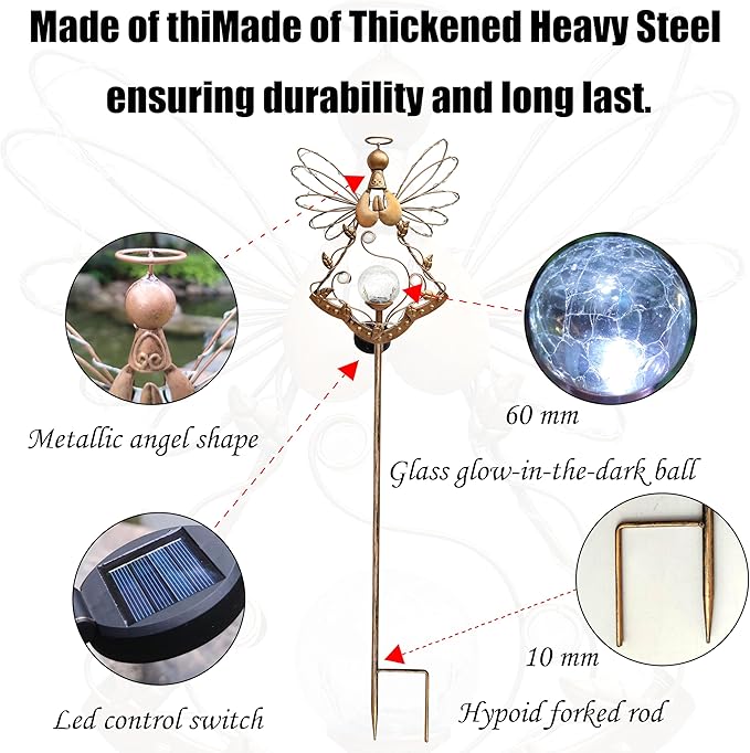 Solar Angel Outdoor Lights Garden Stake - Metal Angel Crackle Glass Ball Solar Light- Waterproof 31 White LED for Garden Lawn Patio or Courtyard Decor(Bronze)