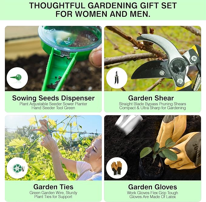 Garden Tools Set β Premium Stainless Steel Gardening Hand Tools with Solid Beechwood Handle β Gardening Kit with Rake, Shovel, Gloves, Shears, Tool Organizer β Garden Gifts for Women and Men