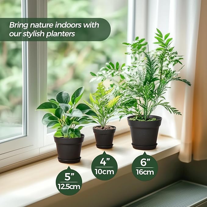 T4U 5 Inch Plastic Planters 18-Pack - Small Plant Pot with Drainage Hole and Saucer, Decorative Nursery Pot Bulk for African Violet, Snake Plant, Aloe and All House Plants Indoor (Black)