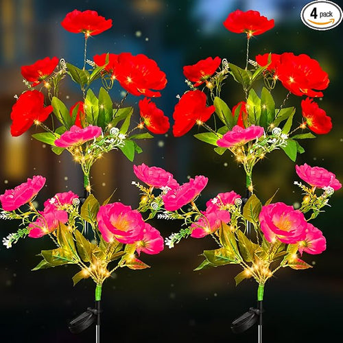 Neporal Solar Flowers Outdoor Waterproof Camellia,4PK 7-Stem Garden Solar Lights Decorative, 2 Decor Lighting Modes, Solar Powered Garden Decor, Solar Yard Decor