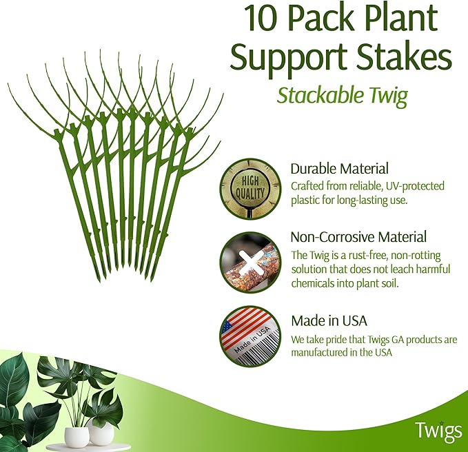 Stackable Plant Support Stakes, Stem Holder Structure for Indoor & Outdoor, Garden Accessories for Climbing & Potted Plants, Trellis Alternative - Peony (Light Green), 10 Pack, 17" L