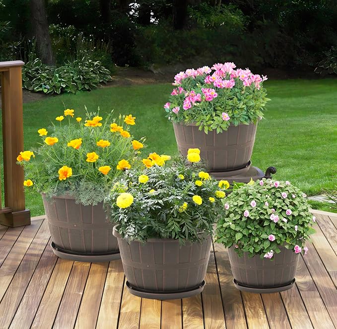 Quarut 12 Inch Large Planter Pot for Plants Indoor Outdoor, 4 Pack Plastic Flower Pots with Drainage Hole & Tray, Modern Decorative Garden Pot with Saucer, Plant Container for House(Brown)
