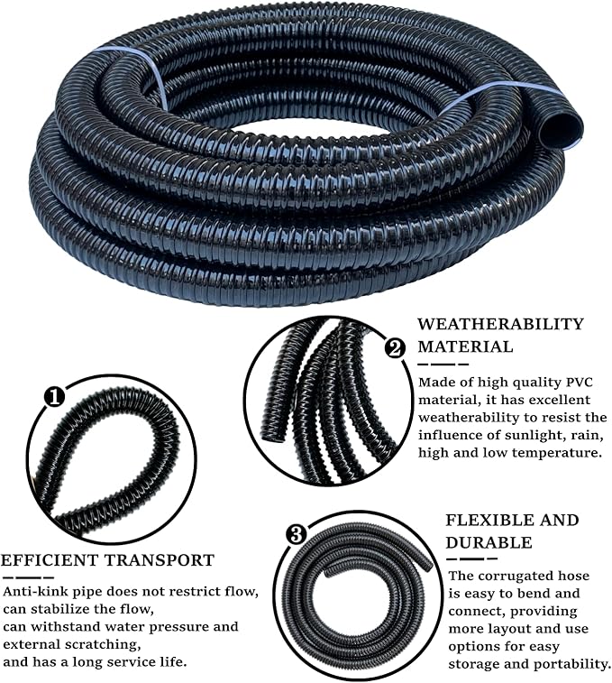 1 1/2 Inch Pond Sump Pump Discharge Hose Corrugated Water Hose Black PVC Strong Flexible Tubing 10Ft