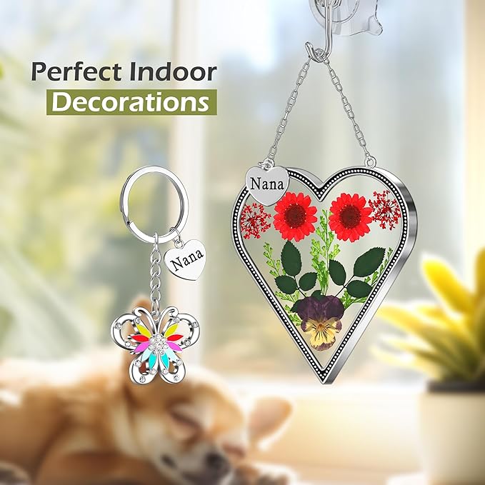 KY&BOSAM Heart Suncatcher Nana Gift for Nana Stain Glass Wind Chime for Window Pressed Flower Between Heart Glass Metal Engraved Charm Gift for Mother's Day Valentine's Birthday Thanksgiving Christmas
