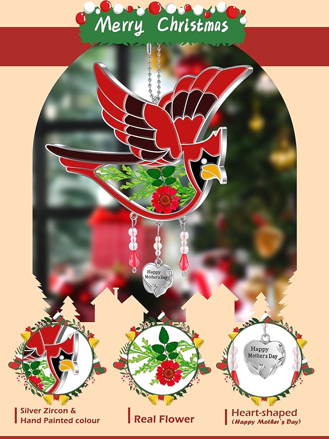 KY&BOSAM Happy Mother`s Day Cardinal Suncatcher Hand-Painted Garden Ornament Hanging Wind Chime with Pressed Flower Cardinal Embedded in Glass Gift for Mom Grandma Mother`s Day Gifts