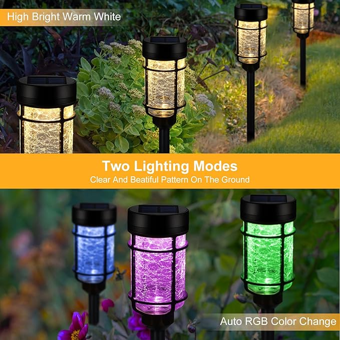 Solar Pathway Lights 2 Pack, Color Changing+Warm White LED Solar Lights Outdoor, Waterproof Lighted Crackle Glass Stake for Garden Path Walkway Backyard Lawn Landscape Decoration