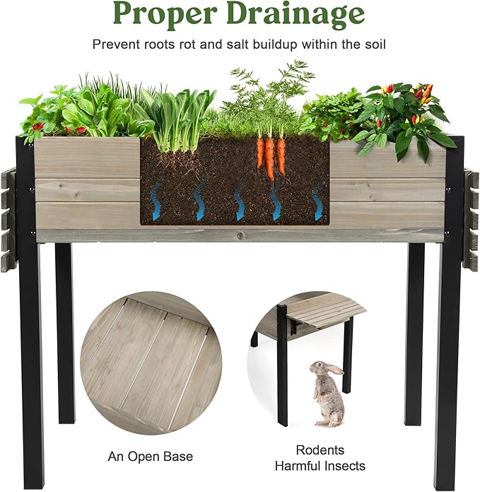 Raised Garden Bed, Metal Leg Wood Planter Boxes with Folding Storage Shelf,Elevated Planter Box for Growing Fresh Herbs, Vegetables, Flowers Great for Outdoor Patio, Deck, Balcony(Gray)