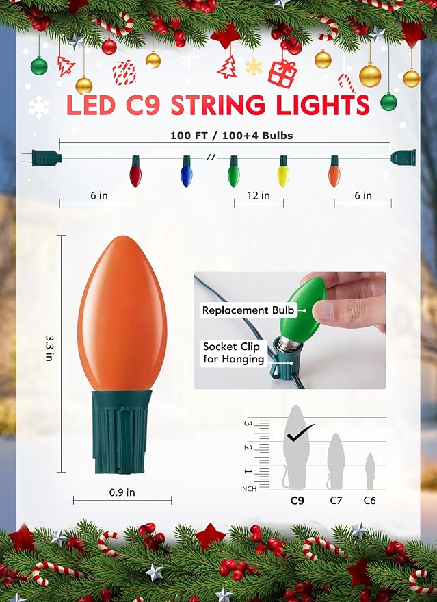 Vintage C9 LED Christmas Lights Outdoor, 100 Feet C9 String Lights with 100 Colored Shatterproof Bulbs, Connectable Waterproof Lights for Holiday Party Roofline Backyard Garden Patio, Green Wire