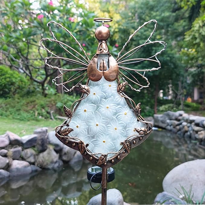 Angel Solar Lights Garden Stake Outdoor-38Inch Metal&Glass Solar Angel Stake Grave Decorations for Cemetery-Perfect as Angel Remembrance Gifts & Sympathy Gifts Decorations(Bronze)