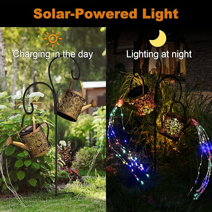 MEREAR Solar Watering Can Lights Outdoor with 8 Multi-Color Changing Modes, IP65 Waterproof Landscape Light Garden Decor, One Pole Two Lights Outside Decorations for Lawn, Backyard, Patio, Chrismas