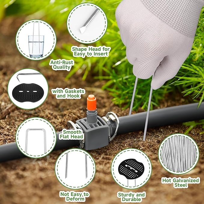 Landscape Staples Set,6 Inch 11 Gauge 50pcs Galvanized Garden Stakes + 50pcs Gaskets + 1Pick Hook,U-Shaped Tent Stakes Landscaping Fabric SOD Pins for Weed Fabric Barrier,Groud Cover,Fence