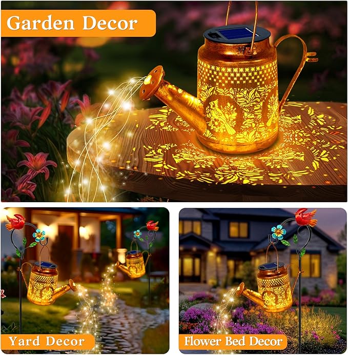 Solar Lights Outdoor Garden Decor, Cardinals Hanging Waterproof Watering Can Lights Outside Decorations for Yard Front Porch Patio Backyard Gift for Mom Grandma Women Birthday (with Shepherd Hook)